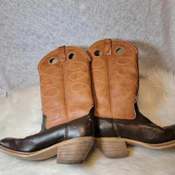 Vintage Acme Cognac Deep Brown‎ Two Toned Cowboy Western Boots Pull On Retro - Picture 6 of 11